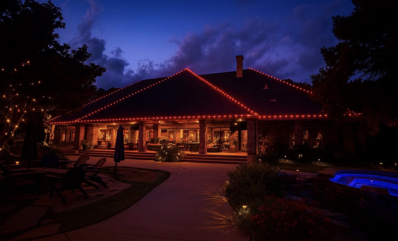 Patio and pool area lit in red holiday roofline lights at dusk