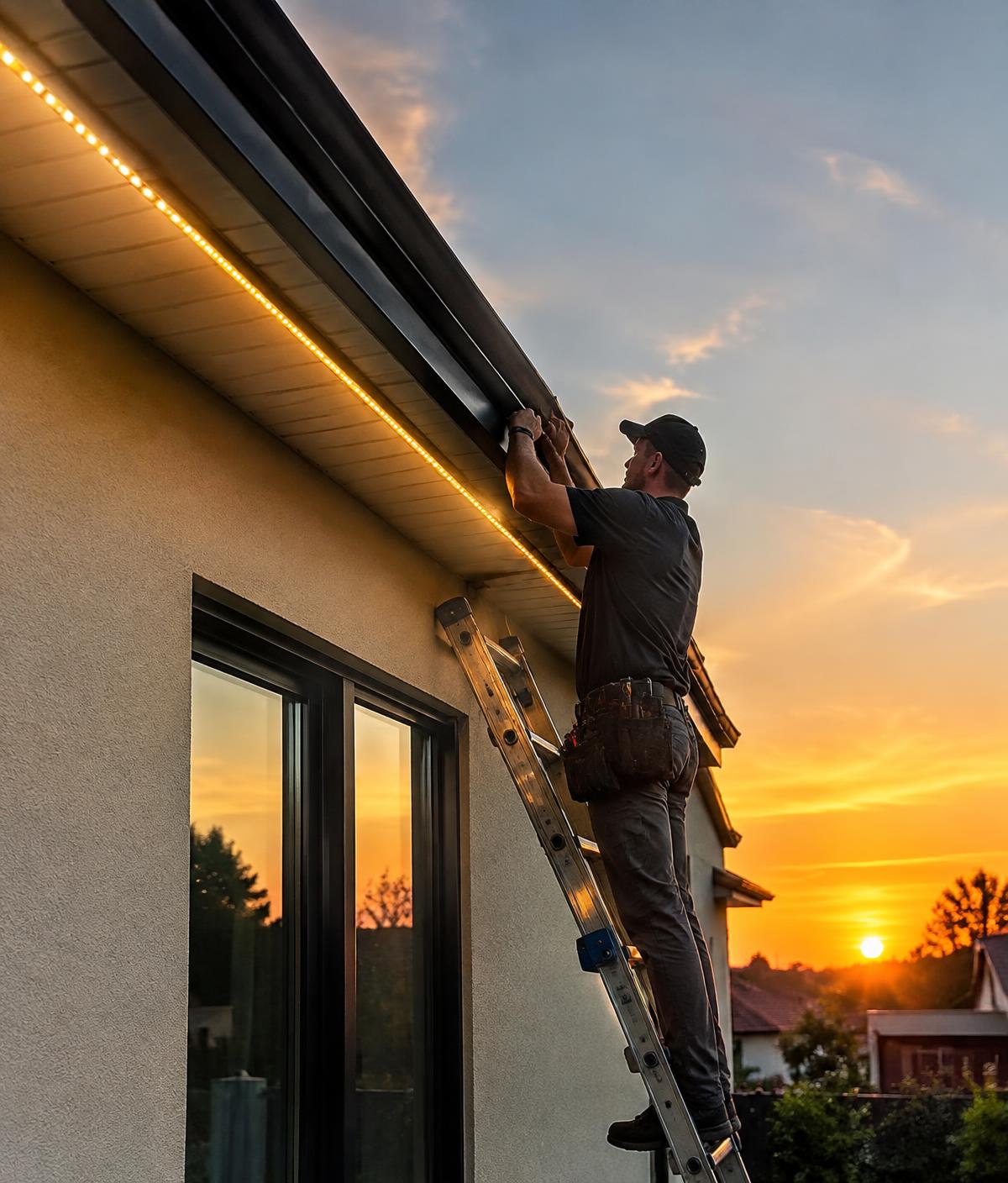 Lighting installer at work on a roofline